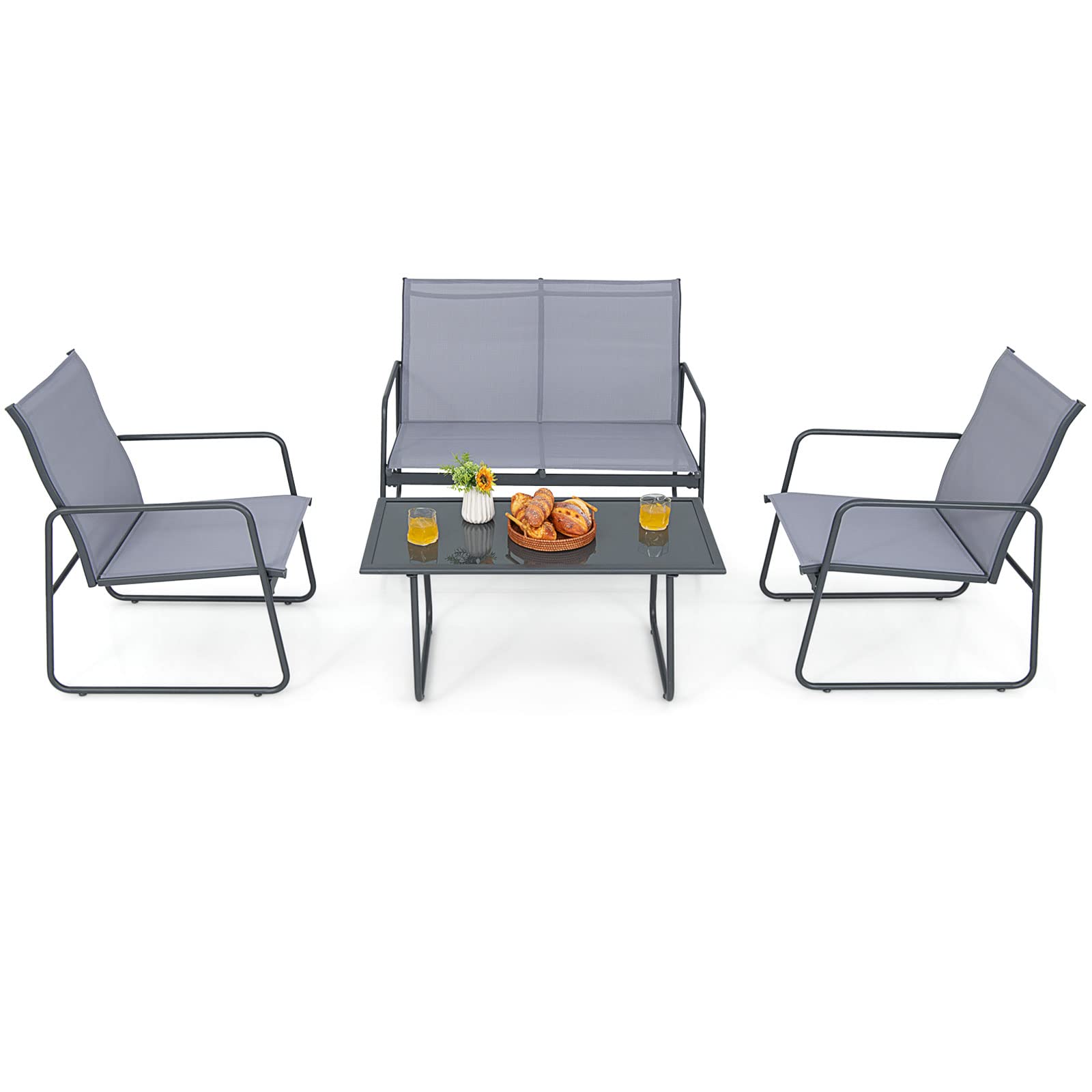 Ensemble de mobilier de patio Tangkula 4 pièces avec table basse en verre trempé (Gris)